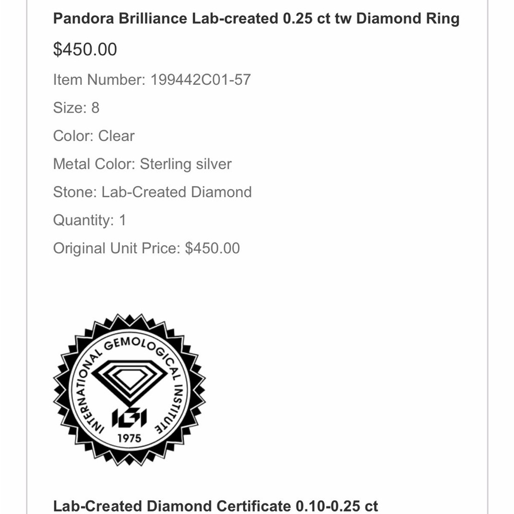 Pandora Sterling Silver Infinity Ring with lab created diamond. - Picture 7 of 7